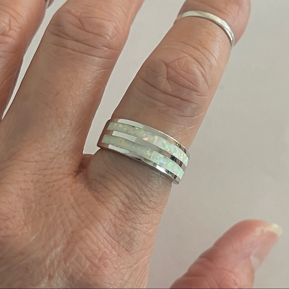 Sterling Silver White Lab Opal Ring, Wedding Band, October Birthstone Rings - Picture 8 of 13